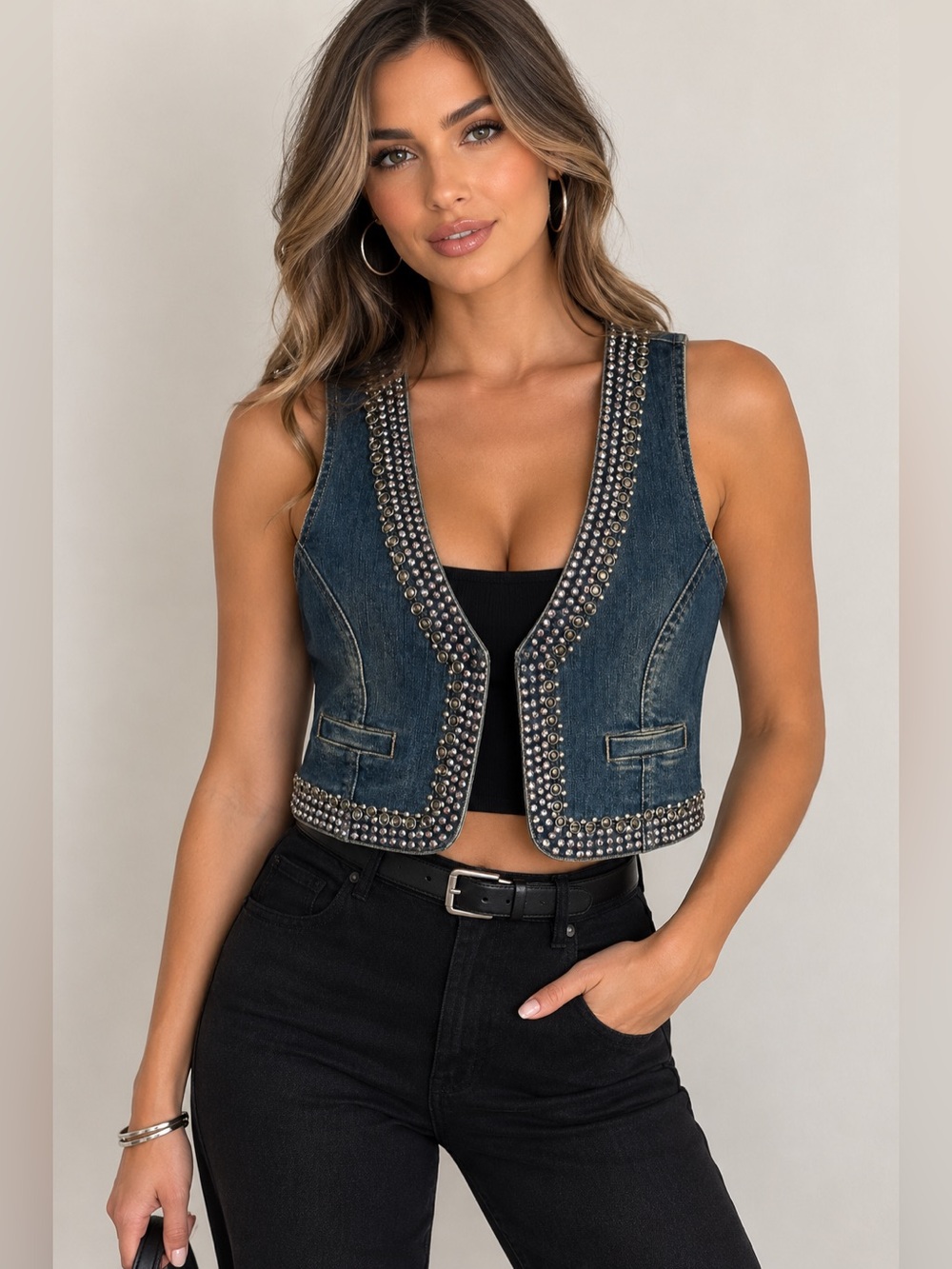 NWOT Studded Denim Cropped Vest